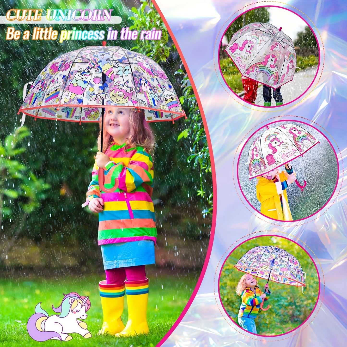 2pcs Unicorn Bubble Umbrellas, Automatic Open, 8 Ribs, Carbon Fiber & PE Handle, Water-Repellent PVC Canopy, Easy Grip Curved Handle for Boys and Girls