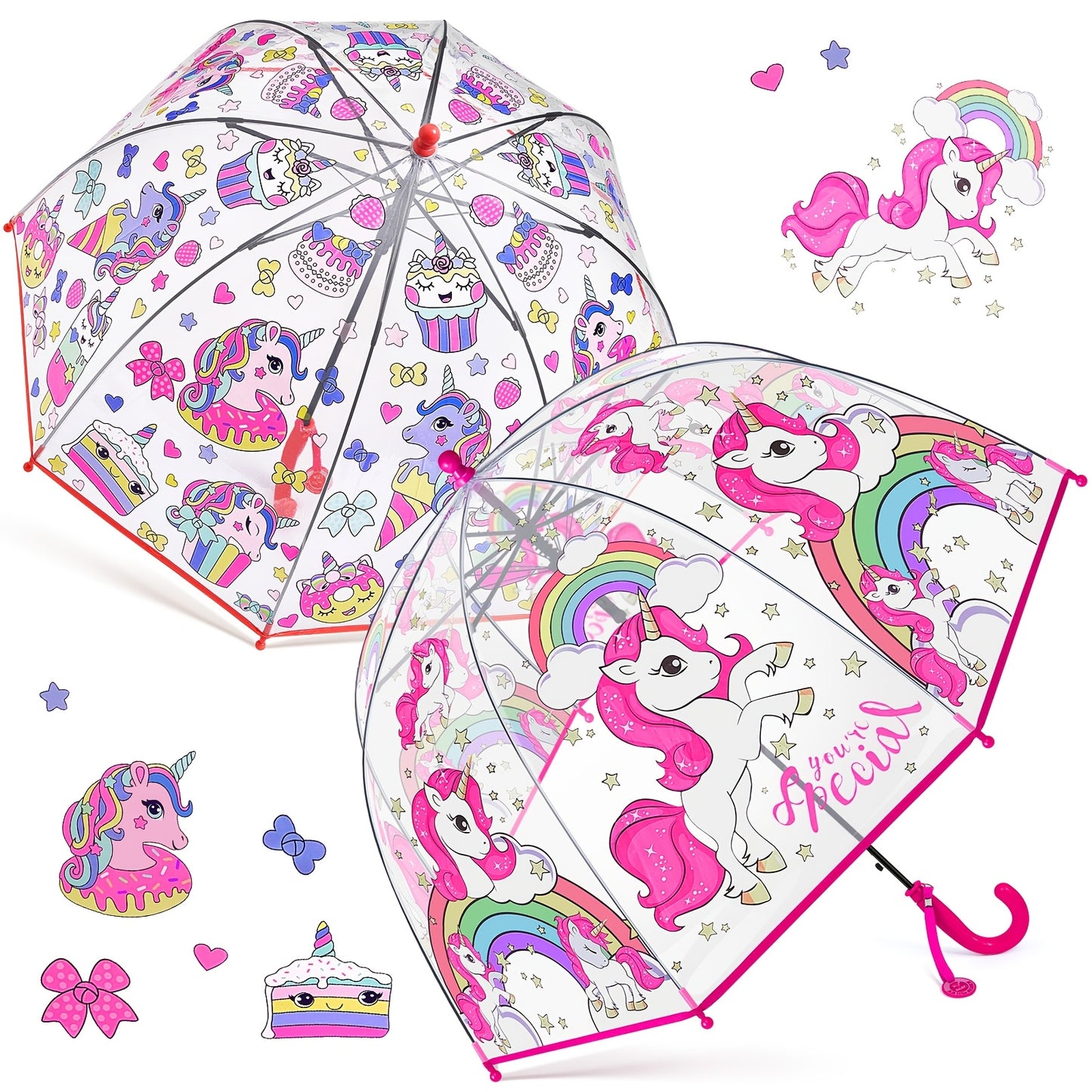 2pcs Unicorn Bubble Umbrellas, Automatic Open, 8 Ribs, Carbon Fiber & PE Handle, Water-Repellent PVC Canopy, Easy Grip Curved Handle for Boys and Girls
