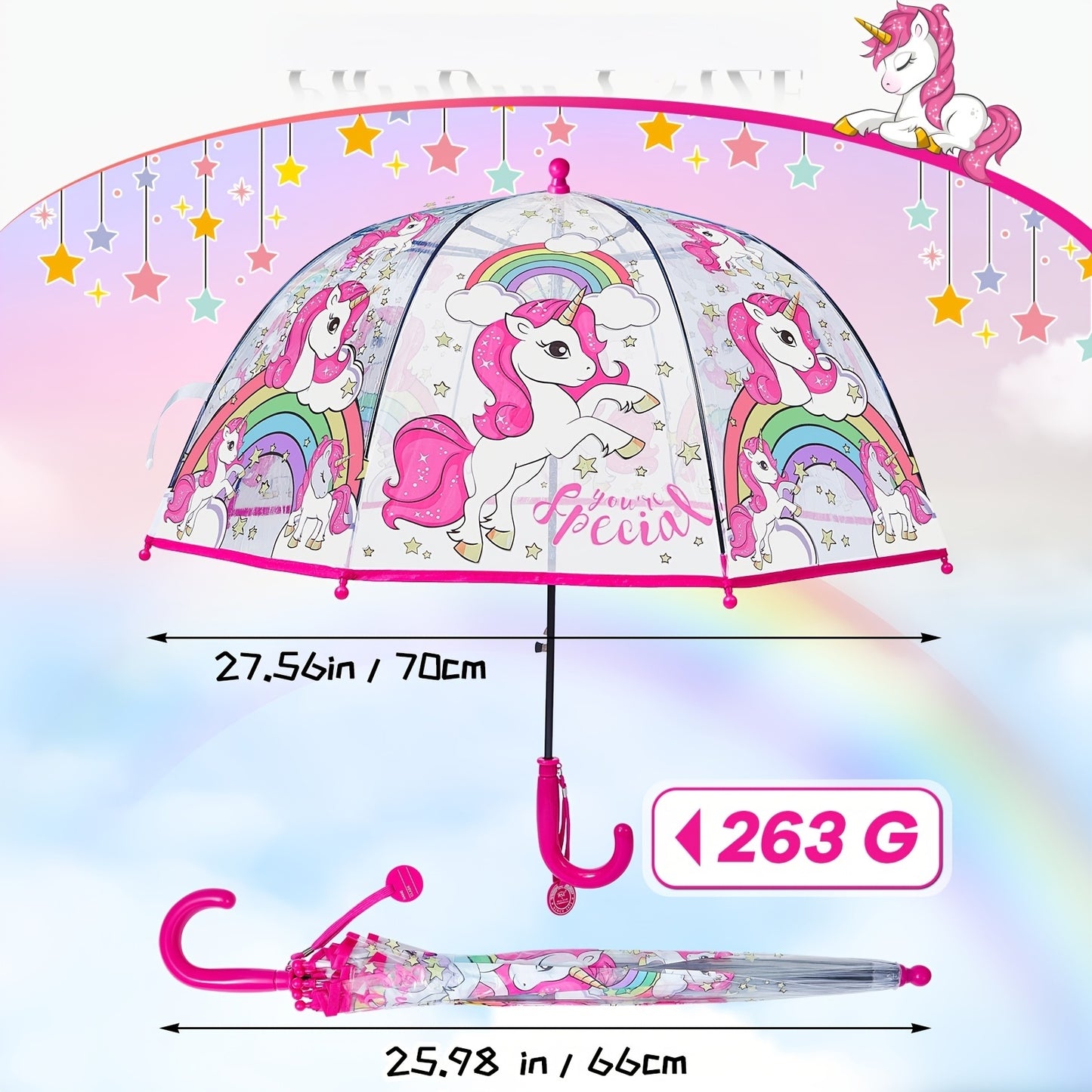 2pcs Unicorn Bubble Umbrellas, Automatic Open, 8 Ribs, Carbon Fiber & PE Handle, Water-Repellent PVC Canopy, Easy Grip Curved Handle for Boys and Girls