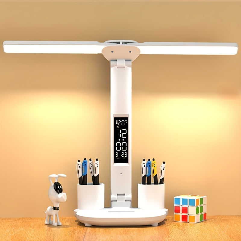 1pc Table Lamp, LED Double-headed Multifunction Foldable Touch With Calendar Clock USB Desk Lamp, For Bedroom Bedside Reading Light (with USB Cable)