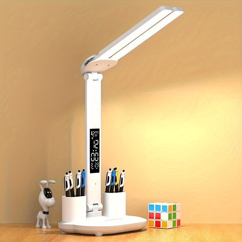 1pc Table Lamp, LED Double-headed Multifunction Foldable Touch With Calendar Clock USB Desk Lamp, For Bedroom Bedside Reading Light (with USB Cable)