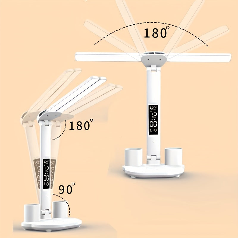 1pc Table Lamp, LED Double-headed Multifunction Foldable Touch With Calendar Clock USB Desk Lamp, For Bedroom Bedside Reading Light (with USB Cable)
