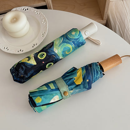 1pc Van Gogh Inspired Black Cat Pattern Folding Umbrella, Casual Cute Fashion Style, Manual Open, 8 Ribs, Pongee & Iron Material, Foldable Sunshade with UV Protection