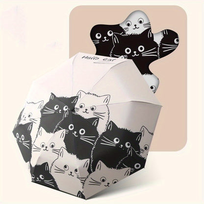 Automatic Open & Close Folding Umbrella with 8 Iron Ribs, Plastic Handle & 190T Pongee Fabric – Stylish Cat Pattern, Windproof Portable Foldable Umbrella for Sun & Rain Protection