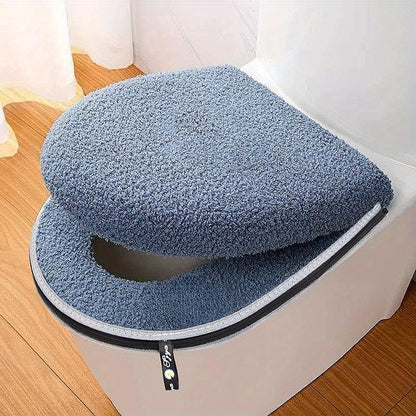 Universal Fit Winter Thickened Double Set Toilet Seat Cushion with Zipper, Soft Firmness, Waterproof Bathroom Pad with Handle, Machine Washable, No Electricity Needed, Home Use
