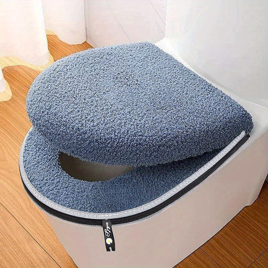 Universal Fit Winter Thickened Double Set Toilet Seat Cushion with Zipper, Soft Firmness, Waterproof Bathroom Pad with Handle, Machine Washable, No Electricity Needed, Home Use