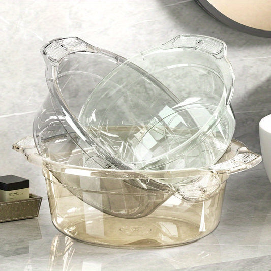 Large Clear Modern Round Wash Basin - Durable Thick Plastic for Bathroom, Kitchen & Outdoor Use - Versatile Face, Sock, and Laundry Sink with Drainage Spout