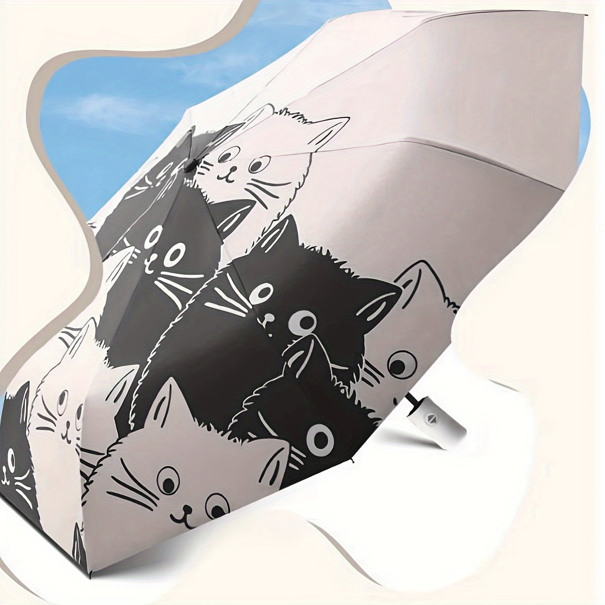 Automatic Open & Close Folding Umbrella with 8 Iron Ribs, Plastic Handle & 190T Pongee Fabric – Stylish Cat Pattern, Windproof Portable Foldable Umbrella for Sun & Rain Protection