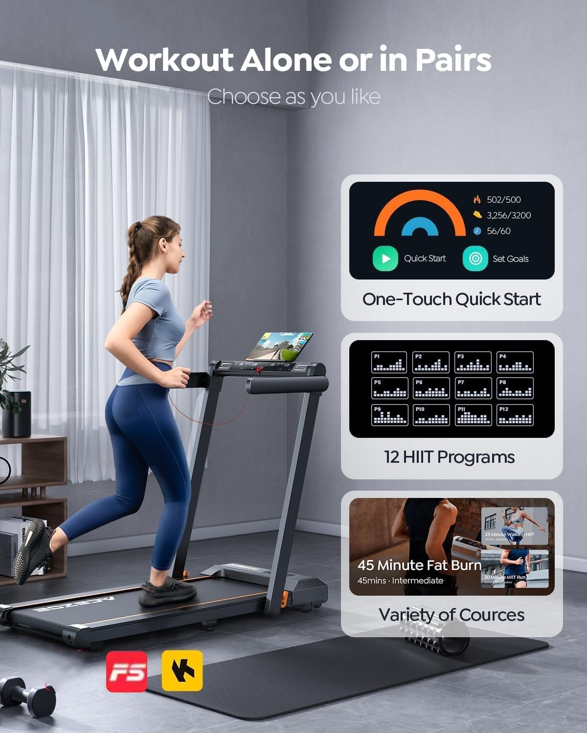 2 in 1 Foldable Treadmills for Home, Under Desk Treadmill with 12 HIIT Modes, Workout APPs and Touch Screen, 2.5HP Walking Treadmill for Home Office, 265lbs Capacity, Installation Free, Power10