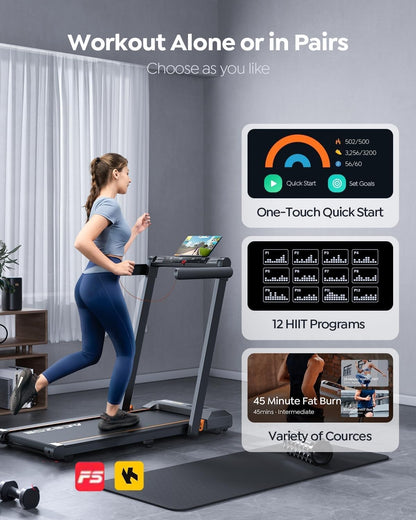 2 in 1 Foldable Treadmills for Home, Under Desk Treadmill with 12 HIIT Modes, Workout APPs and Touch Screen, 2.5HP Walking Treadmill for Home Office, 265lbs Capacity, Installation Free, Power10