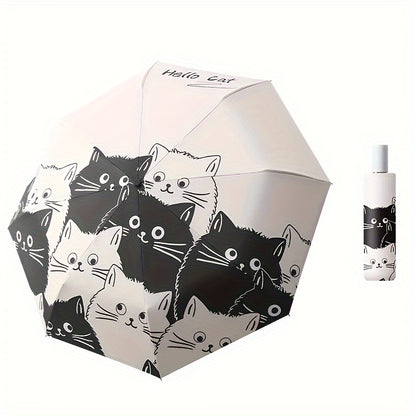 Cute Cat Design Manual Folding Umbrella - 8-Rib Carbon Fiber Frame, 190T Water-Resistant Fabric, Compact Lightweight Umbrella for Women & Men, Sun & Rain Dual Use, Outdoor Umbrella
