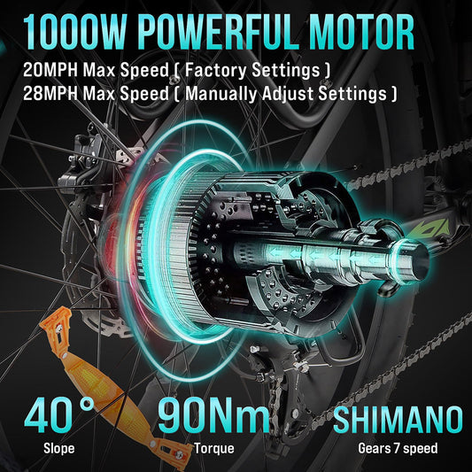 Electric Bike - 26" Fat Tire, 1000W Dual Motor Fat Tire Electric Bike, 48V 18Ah , 35mph Speed, Hidden Battery Mountain E Bike for Off Road，Electric Bike with Throttle & Pedal Assist, Hydraulic Brakes