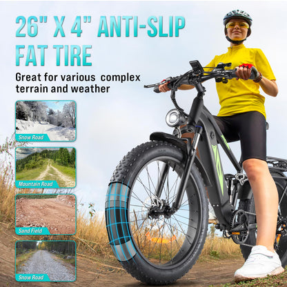 Electric Bike - 26" Fat Tire, 1000W Dual Motor Fat Tire Electric Bike, 48V 18Ah , 35mph Speed, Hidden Battery Mountain E Bike for Off Road，Electric Bike with Throttle & Pedal Assist, Hydraulic Brakes