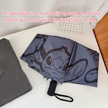 1pc Stitch Printed Manual Umbrella, Dual Use Sunshade, Black Rubber Sunscreen, Folding Outdoor Accessory for Camping, Hiking, Travel, Back to School, Ideal for Birthday, Christmas, Mother's Day Gifts