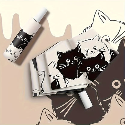 Cute Cartoon Cat Automatic Folding Umbrella - UV Protection & Rain Dual-Use Compact Lightweight Umbrella with 8-Rib Carbon Fiber Frame, Durable 190T Fabric for Students, Travel, Going Out, Outdoor Umbrella