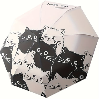 Cute Cartoon Cat Automatic Folding Umbrella - UV Protection & Rain Dual-Use Compact Lightweight Umbrella with 8-Rib Carbon Fiber Frame, Durable 190T Fabric for Students, Travel, Going Out, Outdoor Umbrella