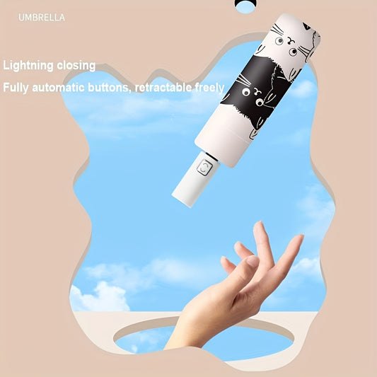 Cute Cartoon Cat Automatic Folding Umbrella - UV Protection & Rain Dual-Use Compact Lightweight Umbrella with 8-Rib Carbon Fiber Frame, Durable 190T Fabric for Students, Travel, Going Out, Outdoor Umbrella