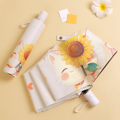 Cat & Sunflower Automatic Sun Umbrella - UV Protection Travel Umbrella with 8-Rib Compact Folding Design, Cute Cat Holding Sunflower Pattern, Lightweight Windproof for Rain & Shine, Stylish Outdoor Accessory