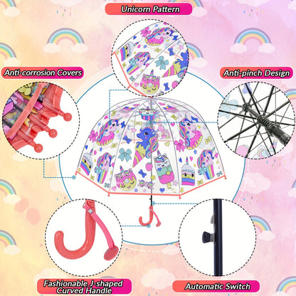 2pcs Unicorn Bubble Umbrellas, Automatic Open, 8 Ribs, Carbon Fiber & PE Handle, Water-Repellent PVC Canopy, Easy Grip Curved Handle for Boys and Girls
