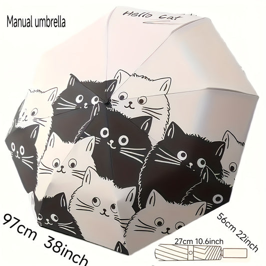 Cute Cat Design Manual Folding Umbrella - 8-Rib Carbon Fiber Frame, 190T Water-Resistant Fabric, Compact Lightweight Umbrella for Women & Men, Sun & Rain Dual Use, Outdoor Umbrella