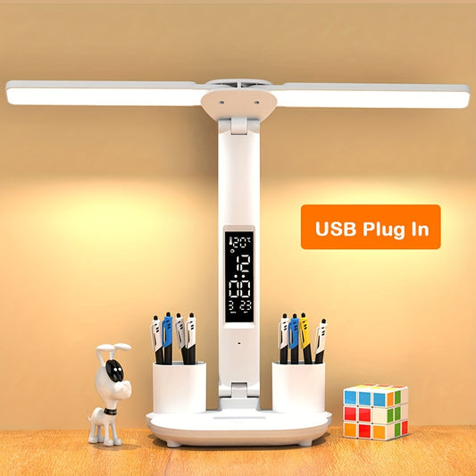 1pc Table Lamp, LED Double-headed Multifunction Foldable Touch With Calendar Clock USB Desk Lamp, For Bedroom Bedside Reading Light (with USB Cable)