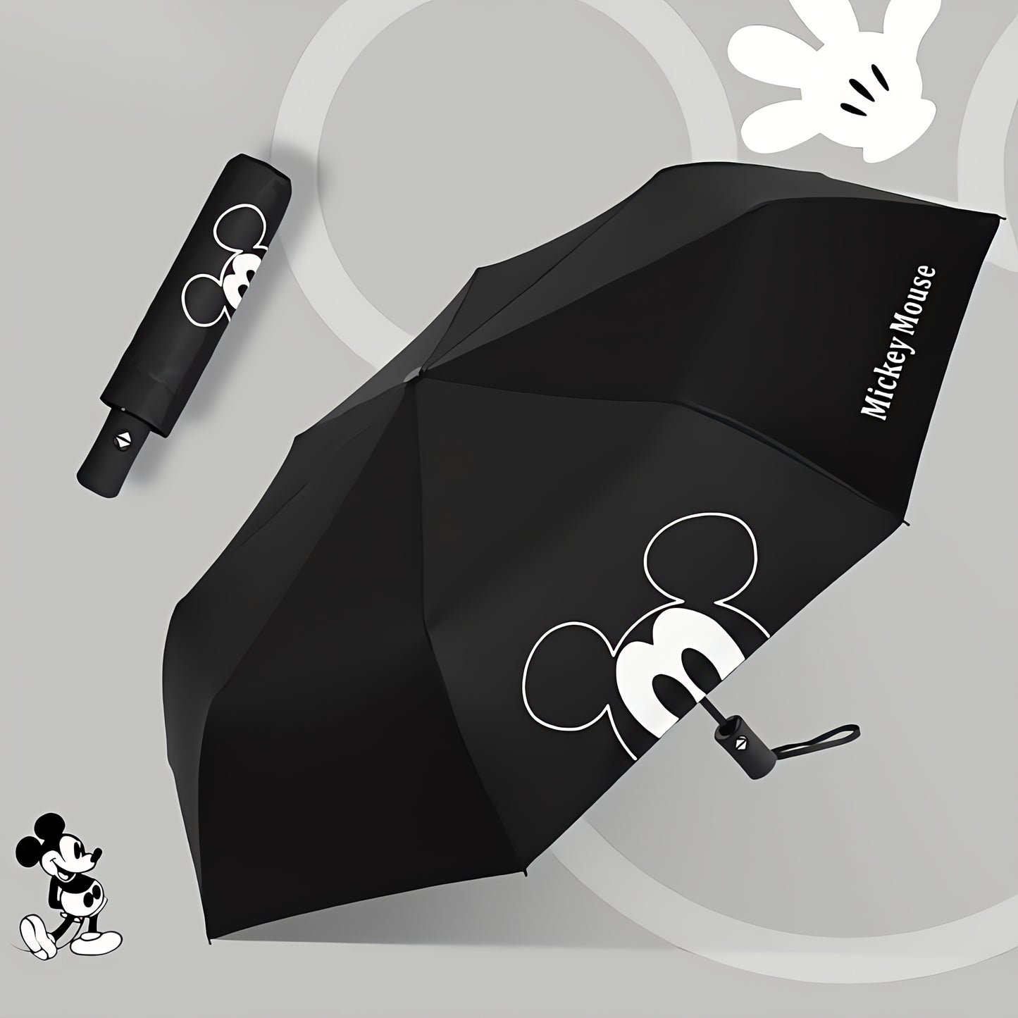 Minnie Mouse Black Foldable Umbrella - Automatic, 8-Rib Steel Frame, Durable Pongee Canopy with EVA Handle, Perfect for Sun & Rain, Rain Gear|Playful Design|Steel Frame Umbrella
